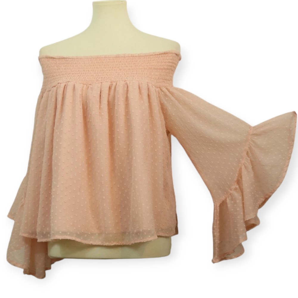 Dizzire Chiffon Swiss Dots Off-Shoulder Women's Bell Sleeve Top